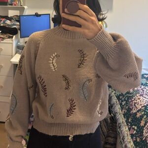 Embroidered Feather Pattern Sweater